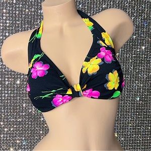 Blue surf bikini top vintage neon pink green orange black floral flowers y2k